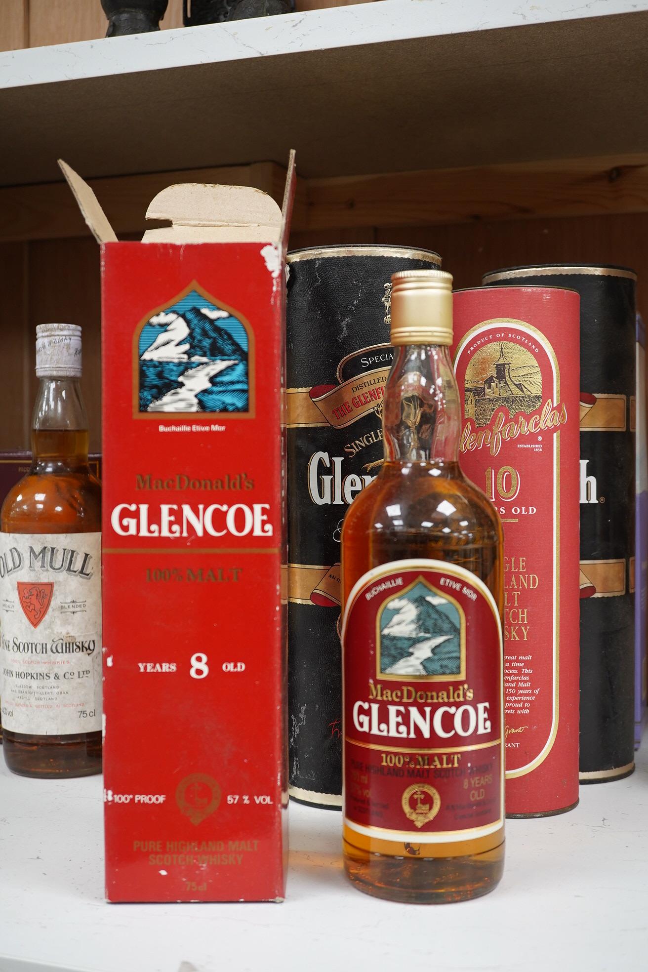 A group of ten bottles of Scotch Whisky; Glenfiddich Pure Malt Special Reserve 1 litre x2, Glenmorangie ten year 1litre, Glenlivet 12 year 70cl, Macdonalds Glencoe 8 year 70cl, The Famouse Grouse 10 year 70cl, John Hopki